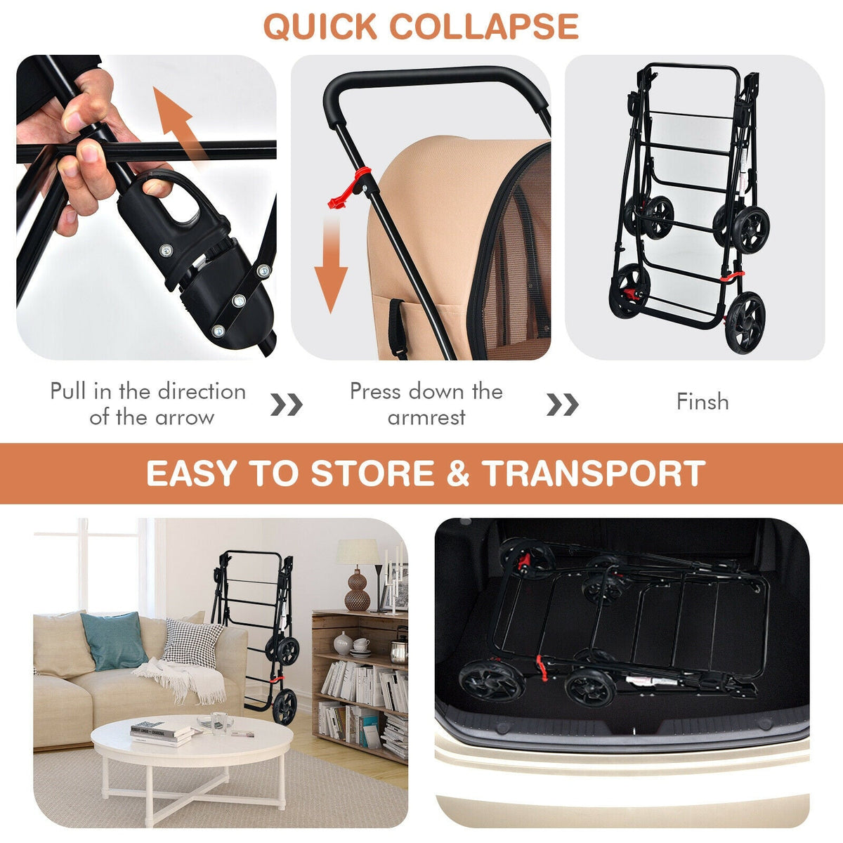 4-in-1 Double Pet Stroller with Detachable Carrier and Travel Carriage